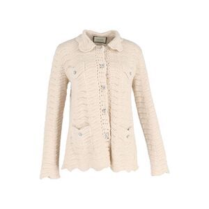 Gucci Crystal-Button Crochet Cardigan In Cream Wool